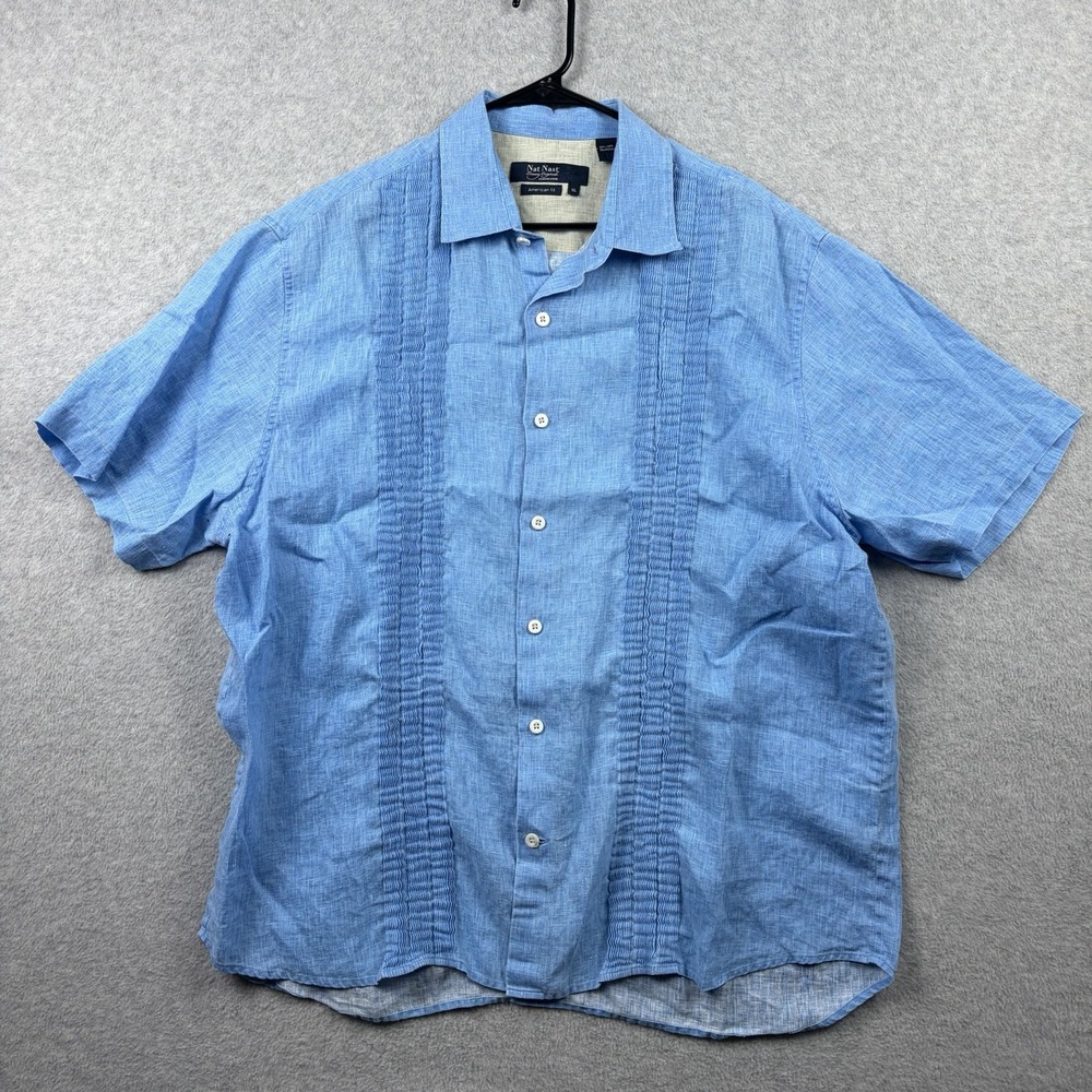 Nat Nast Shirt Mens XL Blue Linen Pleated Stripe American Fit Button Up Resort